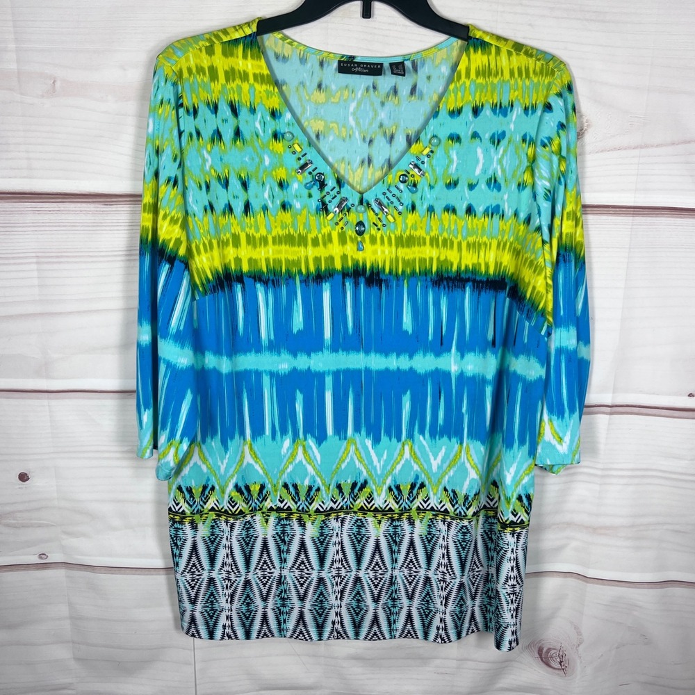 Susan Graver Liquid Knit Top Womens 2X Blue Artisan Embellished V-Neck Geometric